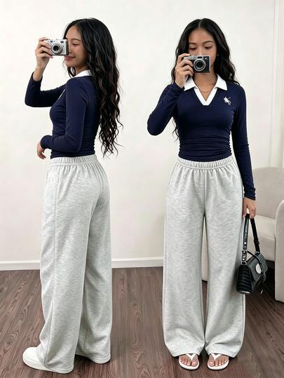 Girls (Big) Casual Versatile All-Match Daily Home Wear Slim Fit Short Printed Knit Top + Elastic Straight Leg Pants Set, Suitable For Daily Commute, School, Sports Wear