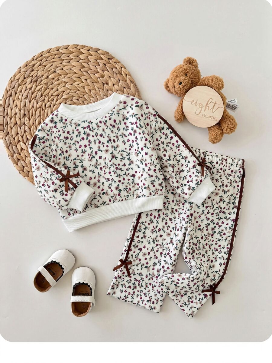 SHEIN Babygirl Cute Casual Floral Knit Bow Sweatshirt And Elastic Waist Long Pants Set - Beige - View 1
