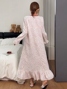 Napfluff Women's Standard Size Cherry Print Ruffle Trim Long Sleeve Nightgown, Lace Collar Decor Pajamas, Cute Style, Suitable For Home And Outdoor Wear, All Season - Apricot - View 2