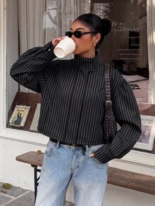 Muchica Women's Striped Long Sleeve Zip-Up Casual Jacket - Black - View 3