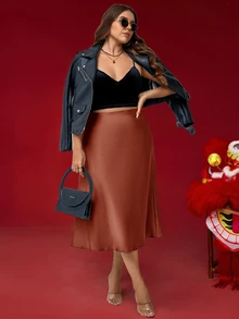 Comfylo Plus Size Women Solid Color Casual Versatile Daily Wear Skirt - Redwood - View 7