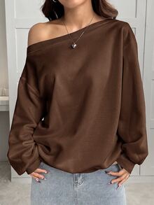 SHEIN EZwear 女款寬鬆棕色保暖內裡不對稱肩領衛衣，秋冬款 - 棕色 - 查看 3
