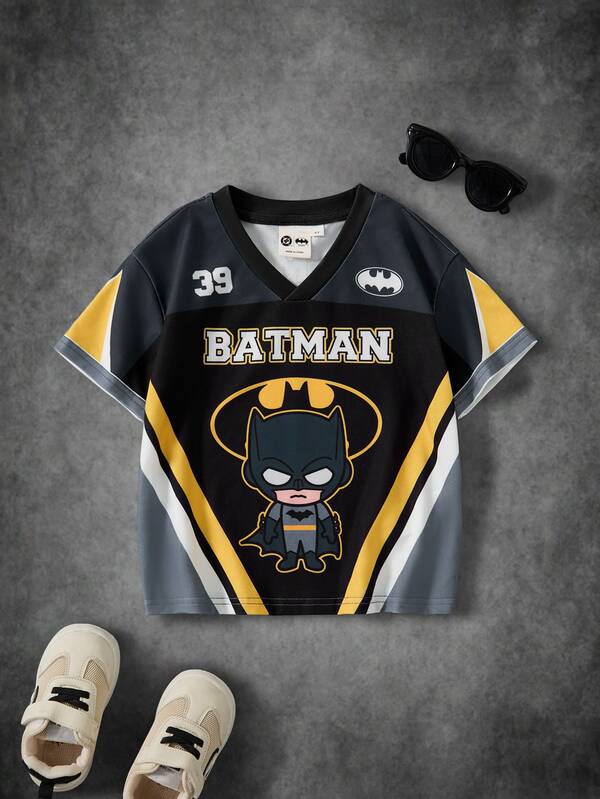 BATMAN X SHEIN Young Boy Color Block Patchwork Cartoon Print T-Shirt