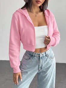 SHEIN PETITE 女款甜美短版拉鍊連帽衛衣，附口袋與長袖 - 淺粉色 - 查看 5