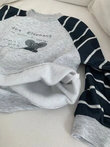 DAZY 男孩小號撞色條紋圓領套頭寬鬆版圖案設計運動衫，秋冬款 - 淺灰色 - 查看 7