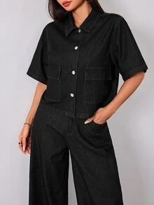 SHEIN PETITE 女款時尚單排扣口袋牛仔外套 外出早午餐旅行上衣 日常黑色夏季休閒基礎街頭風 - 黑色 - 查看 5