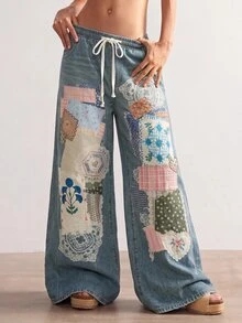 Bohemela Plus Size Women's High Waist Baggy Wide Leg Lace Patchwork Denim Jeans With Drawstring Waist - Medium Wash - View 2