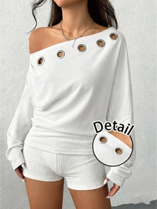 SHEIN EZwear 女款純色不對稱肩部鏤空設計長袖運動衫，休閒極簡主義秋冬款 - 白色 - 查看 6