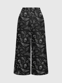 ROMWE Dark Gothic Mysterious Moth Skull Moon Sun Star Mori Style Women's Wide Leg Pants - Black - View 2