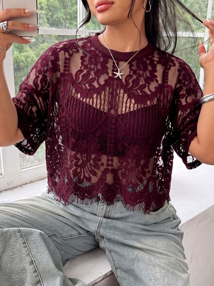 Solflare Plus Size Women's Sheer Lace Tassel Hem Top - Burgundy - View 1