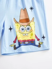 SpongeBob SquarePants | SHEIN 青少年男孩卡通印花圓領上衣與短褲居家休閒套裝 - 藍色 - 查看 7