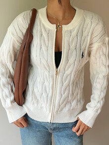 SHEIN Cardigan Wanita Minimalis Serbaguna Gaya Preppy Fashion Kasual untuk Perjalanan Sehari-hari, Bordir, Resleting, Cocok untuk Sekolah, Warna Putih, Musim Gugur - Krem - View 7