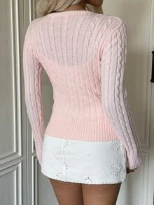 Autumina French Gentle Style Pale Pink Twisted Rope Wrap V-Neck High Waist Cropped Sweater For Women - Pink - View 2