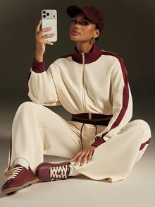 Hauture Women's 2 Pieces Colorblock Mock Neck Cropped Sweatshirt And Wide Leg Striped Sweatpants Set, Sportswear Outfit, Relaxed Loose Fit - Apricot - View 6