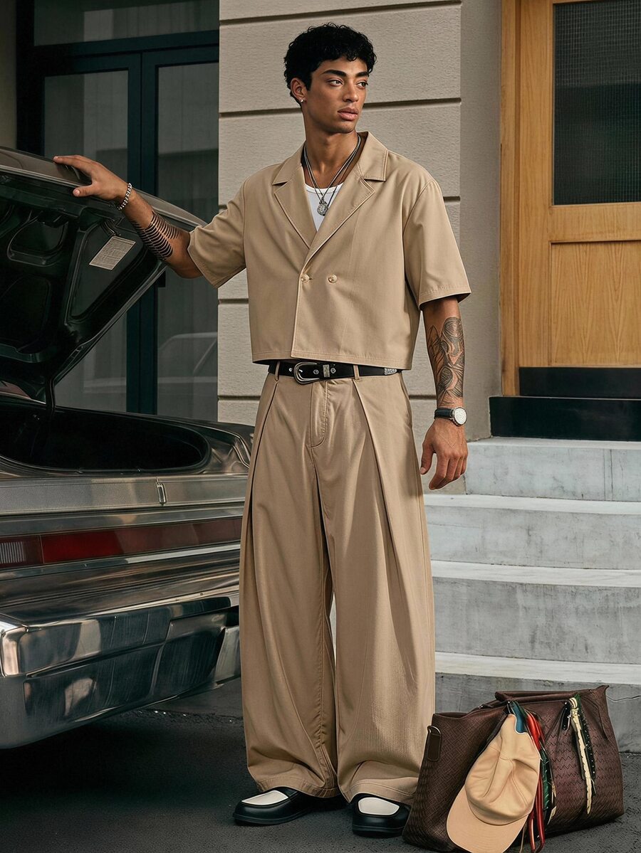 SWAVVY Men's Solid Color Lapel NeckShort Sleeve Double-Breasted Shirt And Pants Casual Set - Khaki - View 1