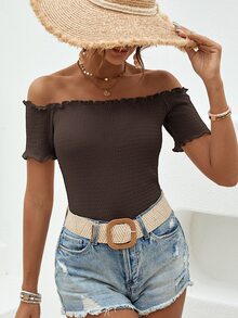 SHEIN VCAY 度假風法式紋理荷葉邊露肩T恤 - 咖啡棕 - 查看 3