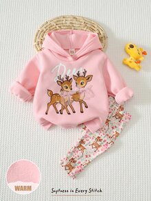 Cozy Pixies 女嬰卡通動物圖案針織軟綿圓領長袖套頭衛衣與鬆緊腰長褲兩件套 - 粉色 - 查看 8