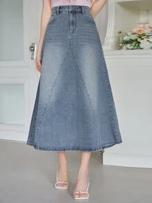 Dazy Tall Women's Elegant Casual A-Line Button Denim Skirt Autumn Everyday Going Out Blue - Medium Wash - View 3
