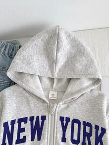 SHEIN 兒童青少年女孩寬鬆街頭風保守連帽口袋拉鍊長袖衛衣外套 淺灰色 返校穿搭 秋季加厚 - 灰色 - 查看 4