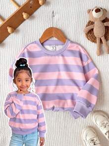 Young Girl Knit Striped Crew Neck Loose Casual Sweatshirt, Fashionable Versatile, Suitable For Outdoor Wear, Colorful Striped Pattern Design, Suitable For Street Photography, Suitable For Camping, Back To School Fall Clothes - Multicolor - View 1