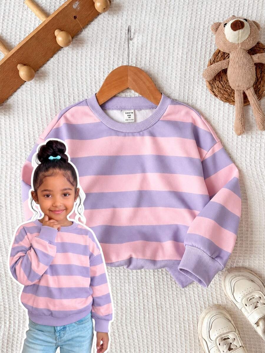 Young Girl Knit Striped Crew Neck Loose Casual Sweatshirt, Fashionable Versatile, Suitable For Outdoor Wear, Colorful Striped Pattern Design, Suitable For Street Photography, Suitable For Camping, Back To School Fall Clothes - Multicolor - View 1