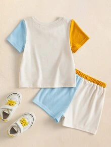 SpongeBob SquarePants | SHEIN Baby Boy Colorblock Round Neck Short Sleeve T-Shirt And Shorts Casual Set - Multicolor - View 2