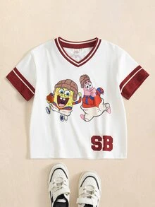 SpongeBob SquarePants | SHEIN Young Boy Striped V-Neck Short Sleeve Casual T-Shirt - White - View 1