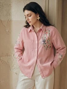 Anewsta Women's Plus Size New Fashion Exquisite Heavy Embroidery Pink Denim Top For Brunch Formal/Casual/Traditional Fall - Pink - View 6