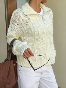 Autumina Sweater Lengan Panjang Wanita Rajut Asimetris dengan Resleting, Desain Minimalis yang Indah dan Serbaguna, Nuansa Musim Gugur/Dingin, Ukuran Besar - Putih - View 4