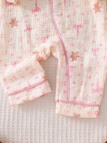 SHEIN Vintaside Kids 新生兒舒適柔軟保暖米色獅子熊貓熊月亮兔子印花領口鈕扣前開長袖連身衣 4件/1 - 彩色 - 查看 6
