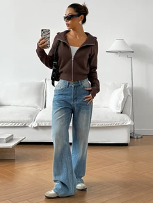 SHEIN EZwear 女士休閒舒適咖啡棕色開襟連帽長袖衛衣，秋冬季 - 棕色 - 查看 3