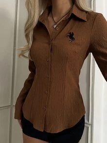 SHEIN EZwear 女款新款刺繡裝飾棕色修身長袖襯衫 - 棕色 - 查看 4