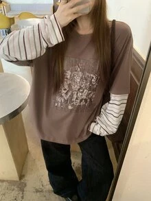 DAZY Women's Cartoon Print Striped Patchwork Sleeve T-Shirt Oversized T Shirts For Women Fall - Coffee Brown - View 5
