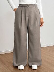 Shapeblank Plus-Size Women's Spring And Autumn Fashion Casual Loose Comfortable Everyday Basic Khaki Wide-Leg Pants,Simple Style,Women Bottom,Work Pants - Grey - View 6