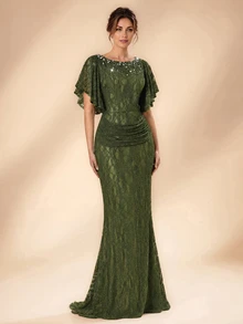 Serin Elegant Olive Green Lace Pearl Rhinestone Beaded Boat Neck Ruffle Ruched Bodycon Mermaid Train Mother Of The Bride Wedding Guest Summer Evening Gown - Olive Green - View 5