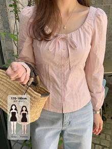 Dazy Tall Women's Large Scoop Neck Long Sleeve Casual Pink Blouse Vacation - Pink - View 1