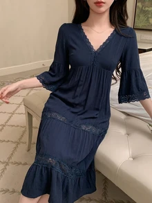 Dazy Tall Women's V-Neck Waist-Cinching Long Casual Dress Vacation - Navy Blue - View 3