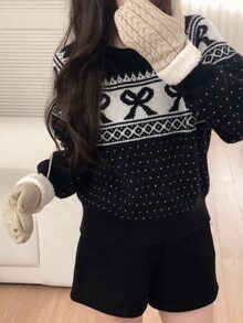 DAZY Women's Round Neck Bowknot Korean Style Long Sleeve Colorblock Autumn/Winter Sweater - Black - View 4
