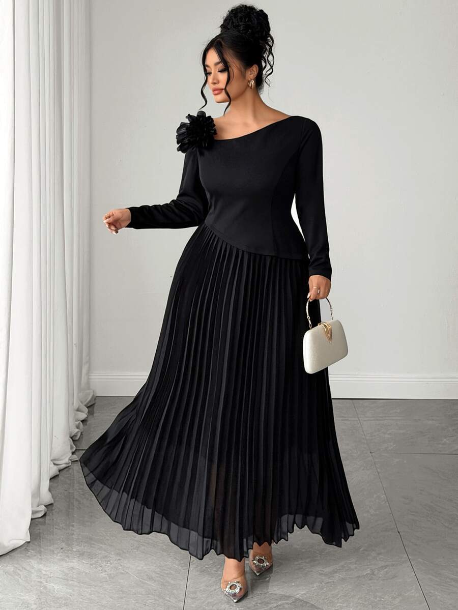 Elenzga Gaun Lipit Elegan Ukuran Plus dengan Dekorasi Bunga 3D untuk Pesta Koktail, Makan Malam Formal, Warna Hitam, Musim Gugur, Pernikahan - Hitam - View 1
