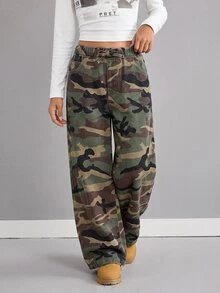 SHEIN 青少年女孩迷彩牛仔寬鬆長褲 - 軍綠色 - 查看 1