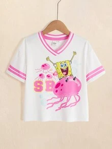 SpongeBob SquarePants | SHEIN Young Girl V-Neck Short Sleeve Casual Versatile T-Shirt - White - View 3