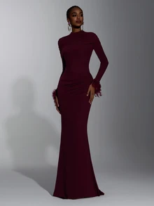 Elitara New Elegant Angora Red Mesh Long Sleeve Fluffy Ruched Fitted Bodycon Maxi Dress For Women, Wedding, Formal Occasions, Bridesmaid Dress - Burgundy - View 5
