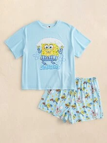 SpongeBob SquarePants | SHEIN Plus Size Cartoon Print Top & Shorts Pajama Set - Baby Blue - View 1