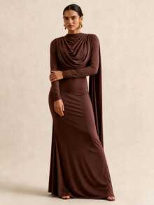 Vesra Gaun Wanita Polos Lengan Panjang Berlipit dengan Desain Pita, Potongan Slim Fit, Elegan - Coklat - View 3