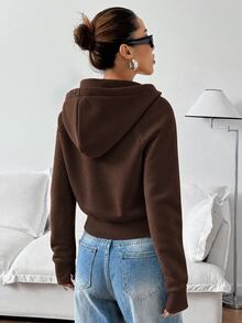 SHEIN EZwear 女士休閒舒適咖啡棕色開襟連帽長袖衛衣，秋冬季 - 棕色 - 查看 2