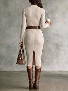 LUMIGAL Women's Solid Color Collared Long Sleeve Fitted Ribbed Dress - Khaki - View 2