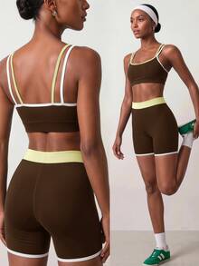Zivah Women's Contrast Trim Cropped Camisole Tank Top & Shorts Sportswear Set Gym Workout Activewear Outfit For Autumn - Brown - View 12