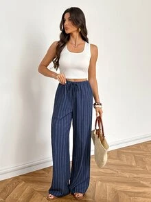 SHEIN Tall Women's Casual Lace-Up Straight Leg Pants, Suitable For Summer Wear - Navy Blue - View 6