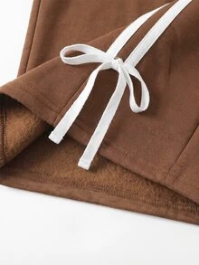SHEIN 青少年女孩秋冬休閒抓絨內裡加厚運動衫套裝，紐約市印花寬鬆圓領落肩長袖套頭衫搭配同款印花百褶寬腿直筒運動長褲，2件式運動風套裝，麻灰色 - 棕色 - 查看 5