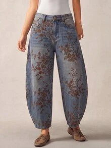 Bohemela 女款高腰寬鬆寬腿花卉印花牛仔褲，附口袋與前鈕扣設計 - 中等水洗藍 - 查看 2